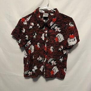 Hot Topic InuYasha Chibi Girls Woven Button-Up Short Sleeve Crop Top Size L